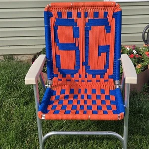 Folding Macrame Lawn Chair Red Blue Aluminum Frame Camp Pool Patio S G Initials - Picture 1 of 6