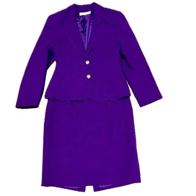 👠💜 Tahari Arthur S. Levine Vintage 1980s Purple Power Suit Blazer Skirt Sz 12P - Image 1 of 4
