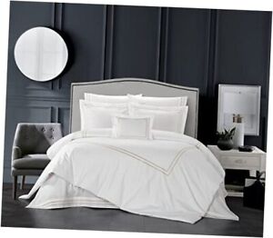  Santorini 4 Piece Cotton Comforter Set Solid White with Dual Stripe Queen Gold