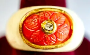 Vintage 1950's Bone Ring, with 15x10 mm Coral & Diamond on 22 K Setting, Size S - Picture 1 of 5