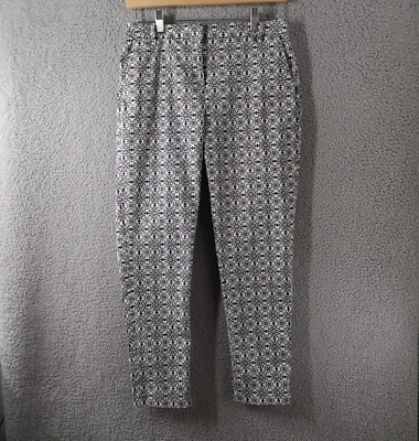 H&M 裤子女式 8 蓝色白色瓷砖图案裁剪正装 HM 28x26 — 第 1/4 张图片