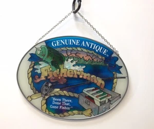 Stained Glass Oval Sun Catcher Fisherman 7” x 5.25” Hanging Window  - Picture 1 of 7