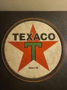Texaco 11.75" Round Tin Sign New Vintage Look Red Star W/green T In It Blacklogo