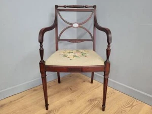 Regency Mahogany Elbow Chair Wedgewood Blue Jasmine Inlay Needlepoint Seat - Picture 1 of 19