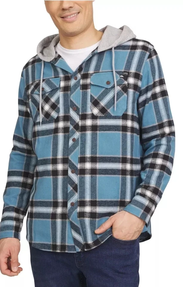 Quiksilver Men's M Hooded Blue Plaid Flannel Hood With Drawstring Midweight
