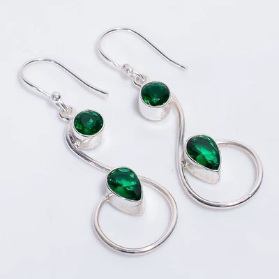 Pendientes de plata de ley 925 hechos a mano con piedras preciosas de diopsido estilo étnico 2,1" G135 Foto 1 de 4