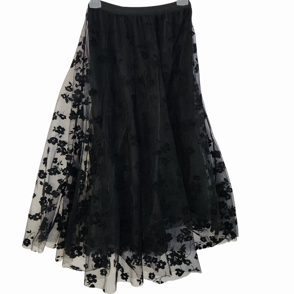 Saia de tule vintage bordada de couro sintético flores sobreposição Maxi lagenlook gótico 90 - Imagem 1 de 4