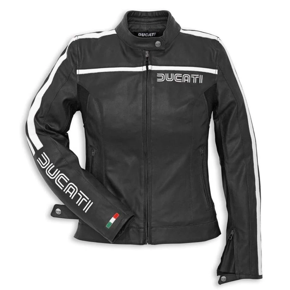 Chaqueta de cuero para motocicleta Ducati años 80 para mujer - negro blanco equipo de motociclista de carreras Foto 1 de 4