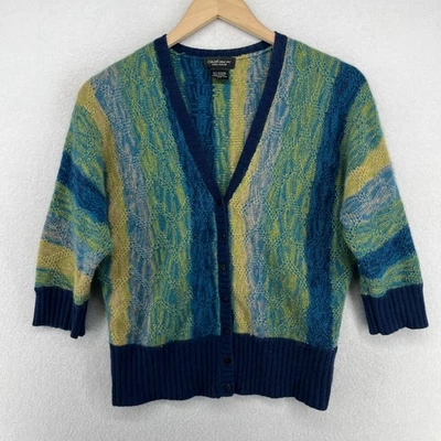 LORD & TAYLOR Sweater Womens S Cashmere Pointelle StripedButton Up Cardigan Blue - Image 1 of 4