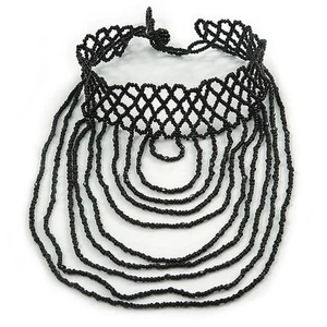 Chic Victorian/ Gothic/ Burlesque Black Bead Bib Style Choker Necklace - 28cm - Picture 1 of 6
