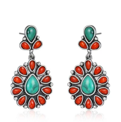 Pendientes de gancho de plata gemas turquesa azul ágata roja lágrima antigua especiales Foto 1 de 4