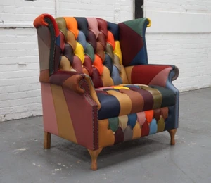 Wingchair Loveseat Snuggler Queen Anne Harlequin Patchwork Leather (1.5 seater) - Picture 1 of 9