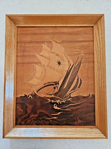 Buchschmid Gretaux Marquetry Picture Wood Ship Sail Boat Schooner Germany BG - Picture 1 of 8
