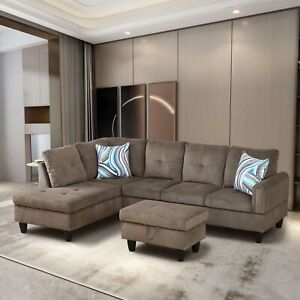 Brown Corduroy Living Room Sectional Sofa Set L-Shaped Couch Ottoman Chaise