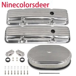 For 58-86 SBC Chevy Retro Finned Short Valve Covers &12"Oval Air Cleaner - Bild 1 von 8