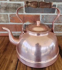 Antique Large Tagus Primitive Copper Tea Kettle Pot w/Lid & Wooden Handle - Picture 1 of 9