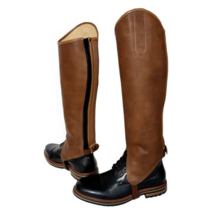 BROWN HALF CHAPS  PU SYNTHETIC LEATHER WASHABLE HORSE RIDING EQUESTRIAN GAITERS - Picture 1 of 5