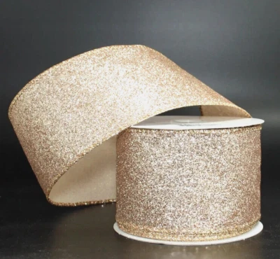 Champagne 2.5" by 5 yd Wired Ribbon Shimmering Glittered Christmas New Years - Image 1 of 4