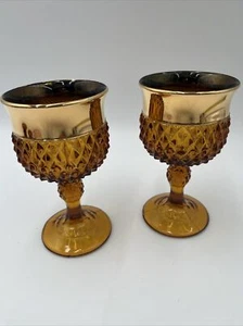 Vtg Indiana Amber Glass Goblets Set Of 2 Diamond Point 70’s MCM - Picture 1 of 8