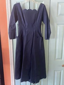 1940’s Navy Blue Dress Scalloped Neck Taffeta Small Xs - Picture 1 of 15