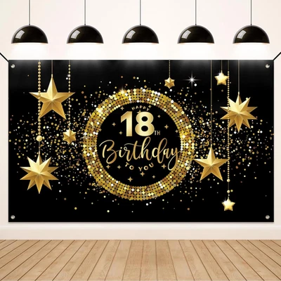 18Th Birthday Decoration - Happy Birthday Banner for Boys & Girls, Black & Gold  - Image 1 of 4