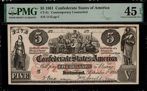 CT-31 $5 1861 Confederate Currency CSA Civil War - Counterfeit - PMG 45 EPQ - Picture 1 of 2