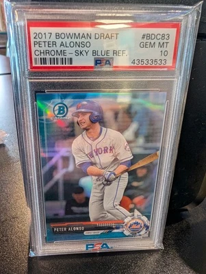 2017 Bowman Chrome Draft Sky Blue Refractors #BDC83 Pete Alonso /399 RC PSA 10 - Image 1 of 2