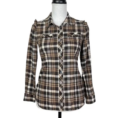 Camisa Juicy Couture Para Mujer 0 Marrón Franela a Cuadros Manga Larga Volantes Abotonada Foto 1 de 4