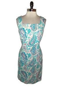 Talbots Größe 14 Etuikleid weiß blau rosa Paisley ärmellos knielang - Bild 1 von 6