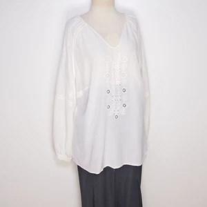 Madeleine Silk Blouse White Embroidered Long Puff Sleeve Size V Neck size 2XL - Picture 1 of 8