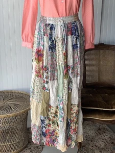 Vintage Boho Floral Patchwork Cotton India Maxi Skirt Medium Drawstring - Picture 1 of 4