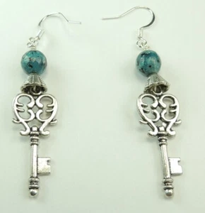 Key Dangle/ Drop Earrings with Green Jasper Handmade Jewelry - Picture 1 of 1