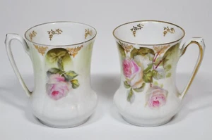 Pair (2) RS Prussia Porcelain Cups Pink Roses Gold Trim Tall Thin Tea Cocoa Cups - Picture 1 of 8