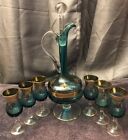 Vintage Blue Cut Glass Decanter With 6 Cordials w/Gold Accents & Glass Stopper