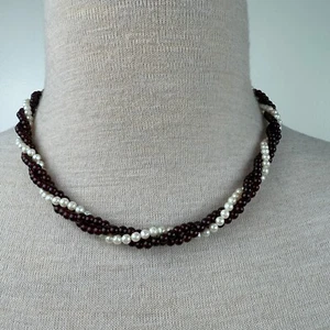 Vintage Twisted Faux Garnet and Pearl Bead Choker Torsade Necklace - Picture 1 of 5