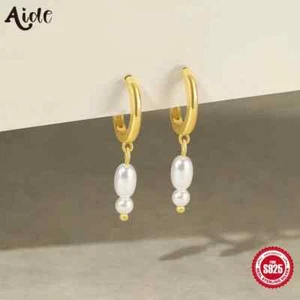 Aide 925 Sterling Silver Pearls Hoop Earrings For Women Exquisite Geometry Pearl - Picture 1 of 7