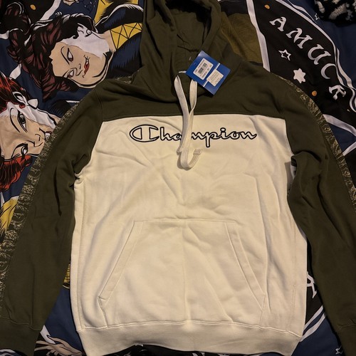 OFF WHITE Felpa con cappuccio Champion nuova con etichette taglia XL bianco sporco oliva mimetica