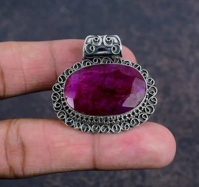 Lab-Created Ruby Gemstones Handmade 925 Steling Silver Dainty Jewelry Pendant - Image 1 of 4