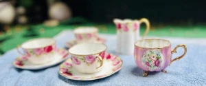 Rosenthal R.C. Cacilie Pink Floral & Gold 3 Tea Cup/Plates Sugar/Cream Saucer - Picture 1 of 18