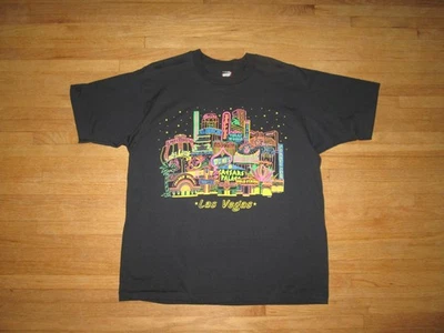 Vintage 90s Old Las Vegas Neon Casino Strip Skyline T-Shirt SS Puff Print  ~ XL - Image 1 of 4