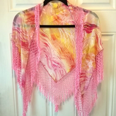 Scarf Handmade Crocheted Pink Beaded Beautiful Chic silk? triangular Scarf P1464 - Imagem 1 de 4