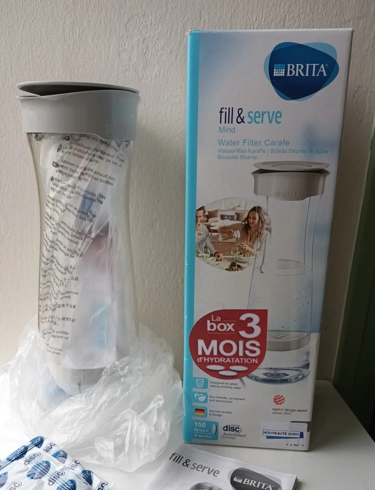 NEUVE Bouteille Carafe filtrante BRITA FILL&SERVE MIND gris foncé + 1 filtre  - Photo 1/4
