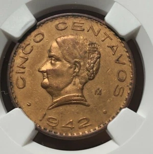 1942 Mexico 5 Centavos Bronze Key Date - NGC AU Details - Picture 1 of 4