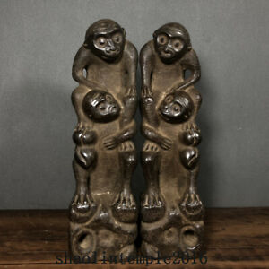   a pair  Rare  China  ancient  Bluestone  Hand carving  Monkey column  statue