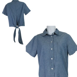 Lucky Brand Back Tie Crop Top Size S Blue Chambray Blouse Button Front Shirt - Picture 1 of 10