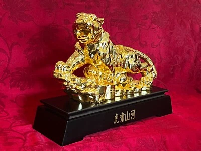 Chinese Golden Lucky Fortune Tiger Resin Statue Sculpture Ornament Home Decor - Image 1 of 4