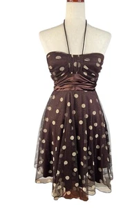 Vtg Y2K Brown White Polka Dot Fairy Grunge Glam Ruched Glitter Dress 7 Small - Picture 1 of 15