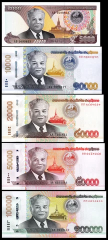 Lao Laos 5 PCS SET, 5000 10000 20000 50000 100000 Kip 2020, UNC,  P-New Cover
