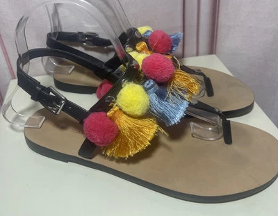 Rebecca Minkoff "Estelle" Black Leather PomPom Tassels Thong Sandals Sz 7.5 $295 - Image 1 of 4