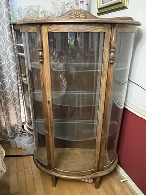 Vintage Wood & Curved Glass Curio Cabinet 60” Tall 33.5 Wide 3 Shelf with Light - Image 1 of 4